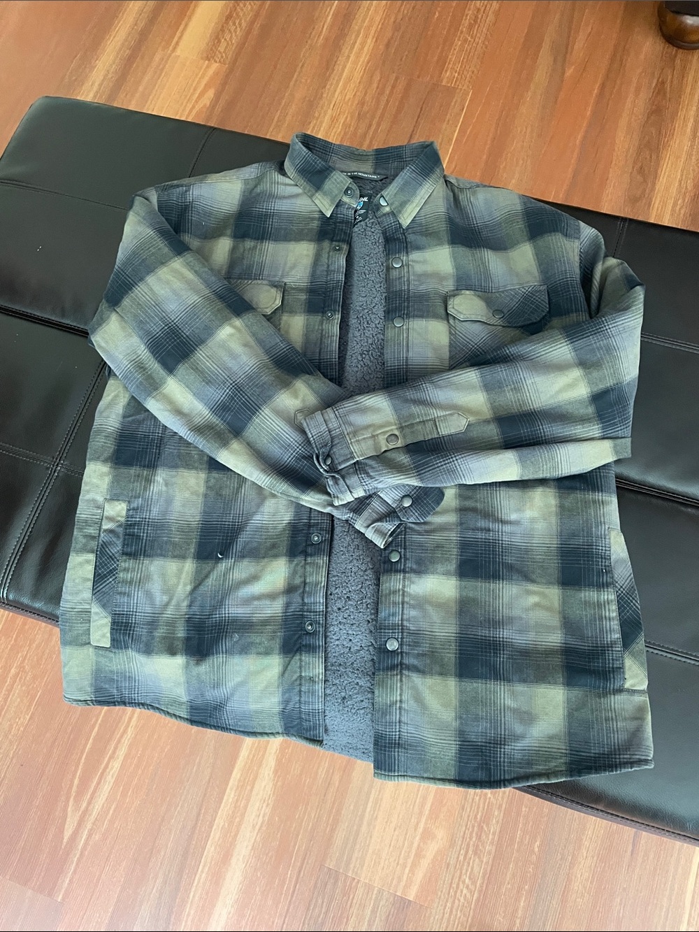 Kuhl Olive and Black Plaid Sherpa-Lined Shirt Jacket
